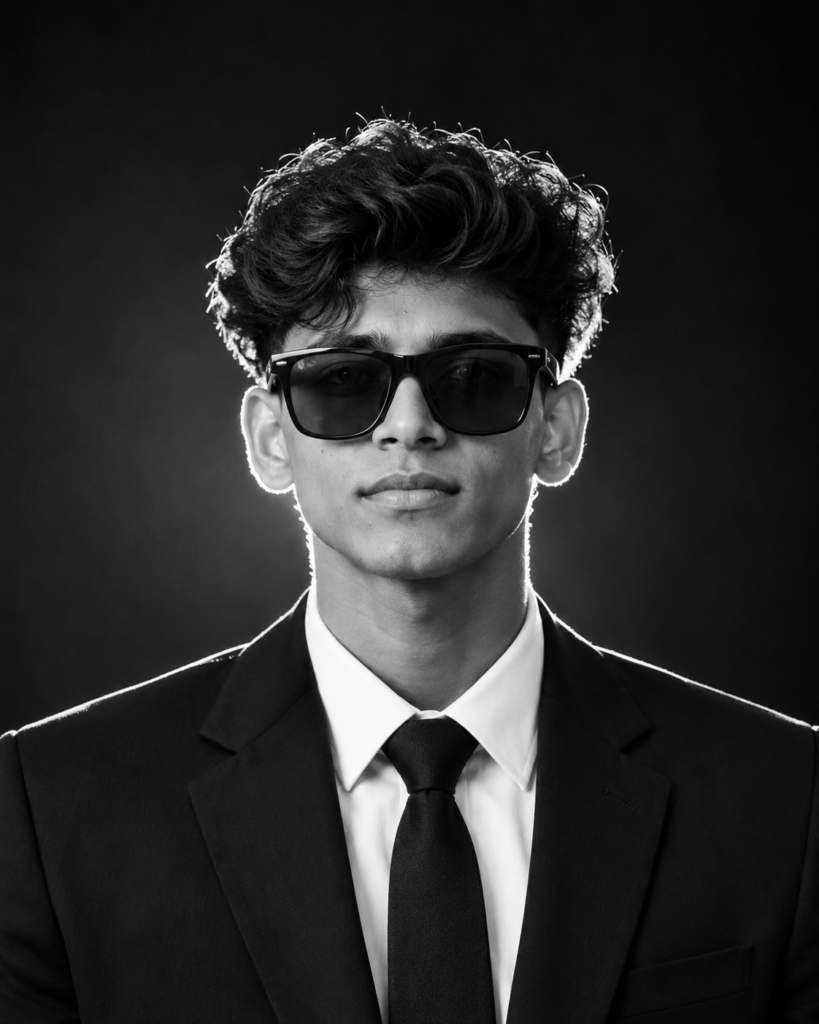 dramatic monochrome suit portrait