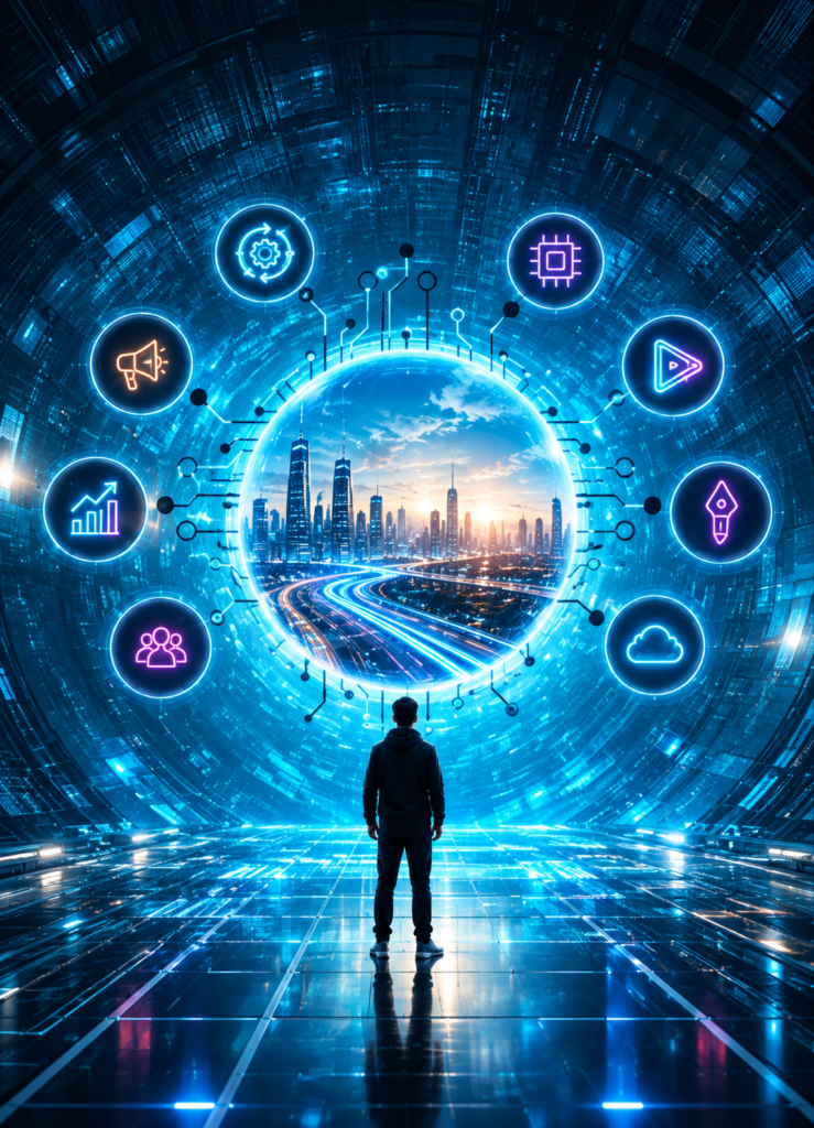 Holographic City Portal In A Cyberpunk Chamber 739x1024